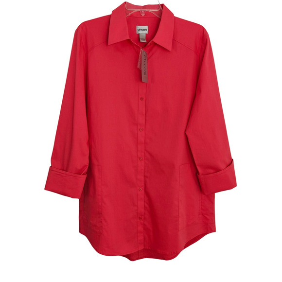 Chico's Button Front Tunic Shirt Size Large / 2 12/14 Coral Stretch Pockets NWT - Picture 1 of 9